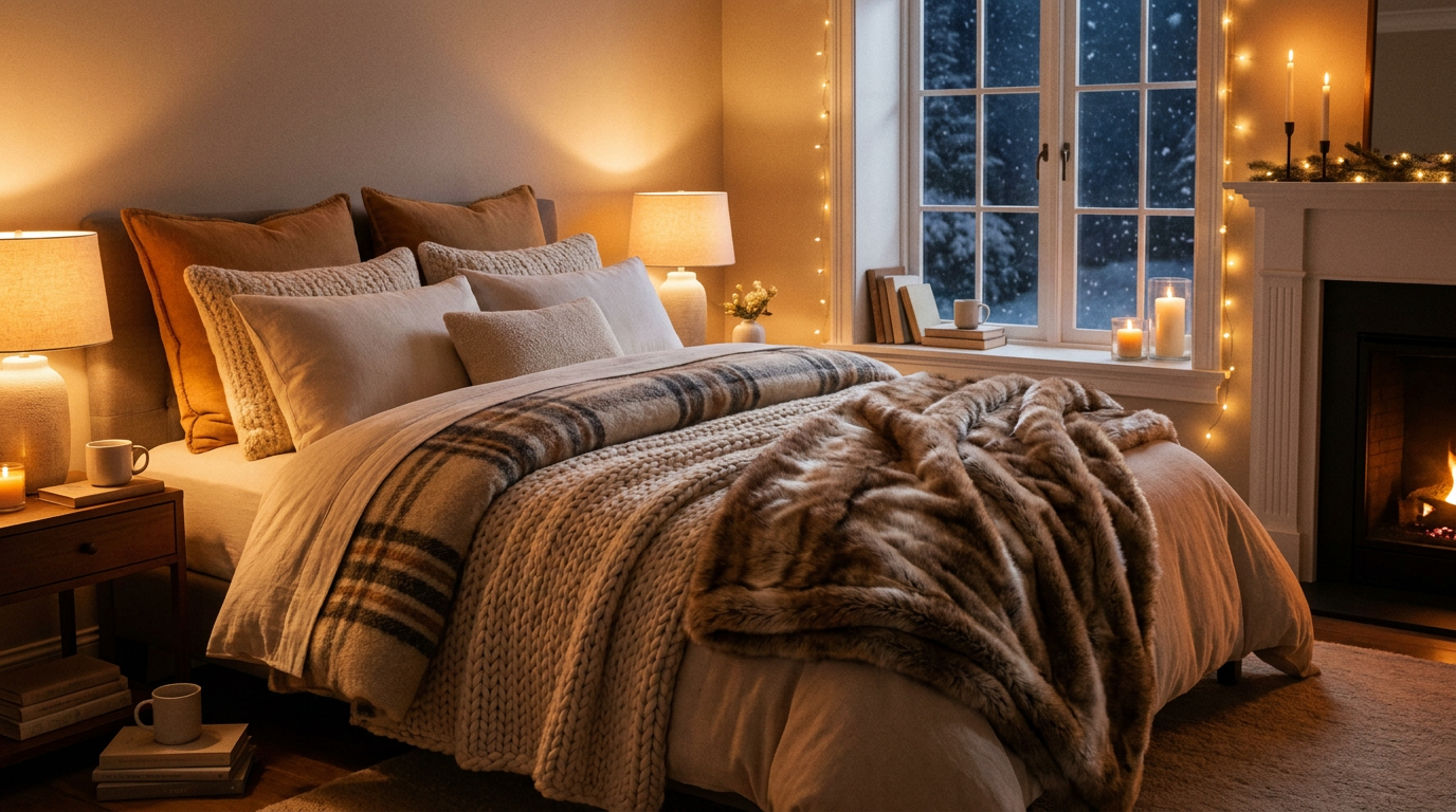 Cosy winter bedroom with layered duvets in warm amber and cream tones — the dark window outside underscores the need for deliberate warmth