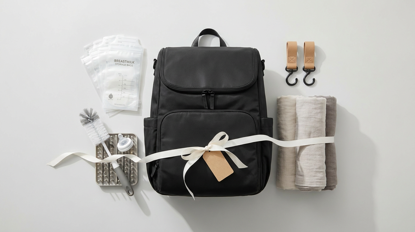 Baby shower gift guide flat lay with practical gifts