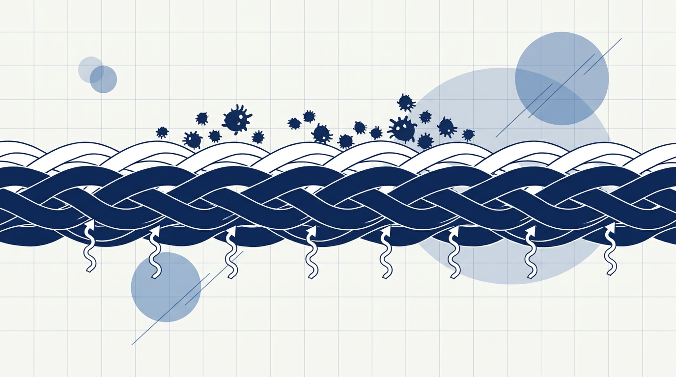 Scientific illustration — microscopic cross-section of tightly woven fabric threads forming a physical barrier, blocking allergen particles while allowing air molecules through freely. White and navy blue palette.