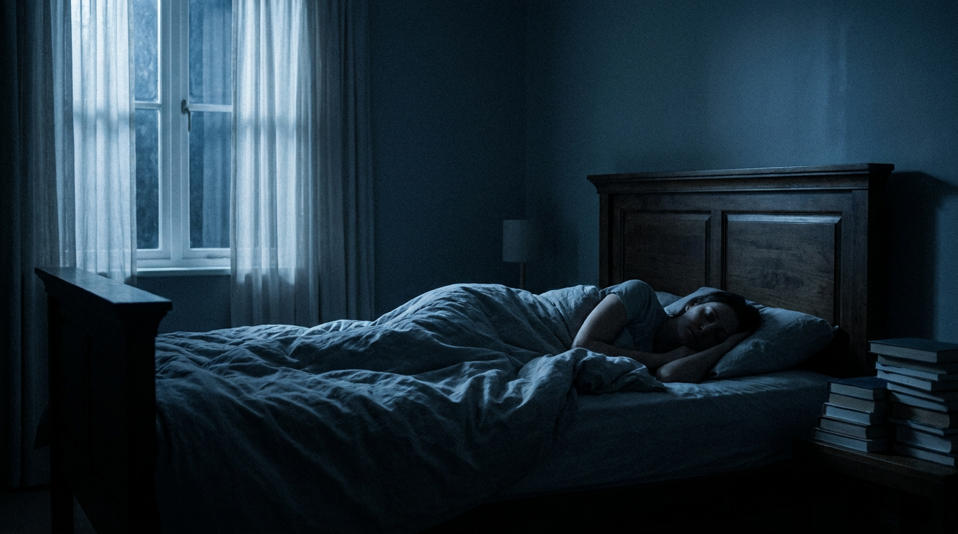 Cinematic bedroom photograph at deep night — a person sleeping peacefully on their side, softly lit by moonlight, atmosphere of complete stillness and rest