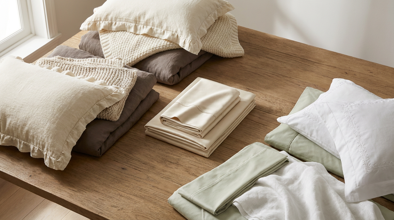 Seasonal bedding flat lay with warm autumn tones and cool spring linens — LuxClub bamboo sheets