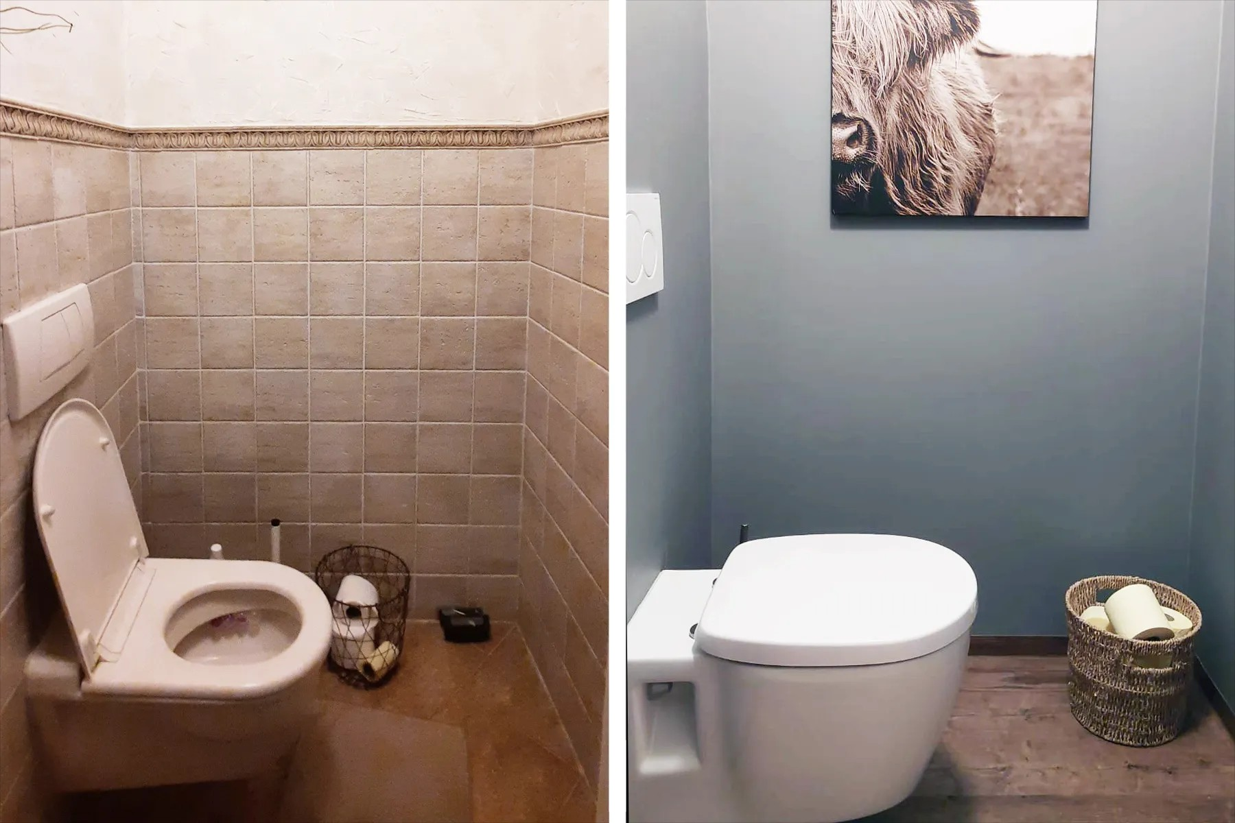 Før og efter – toilet renoveret i blågrå farve