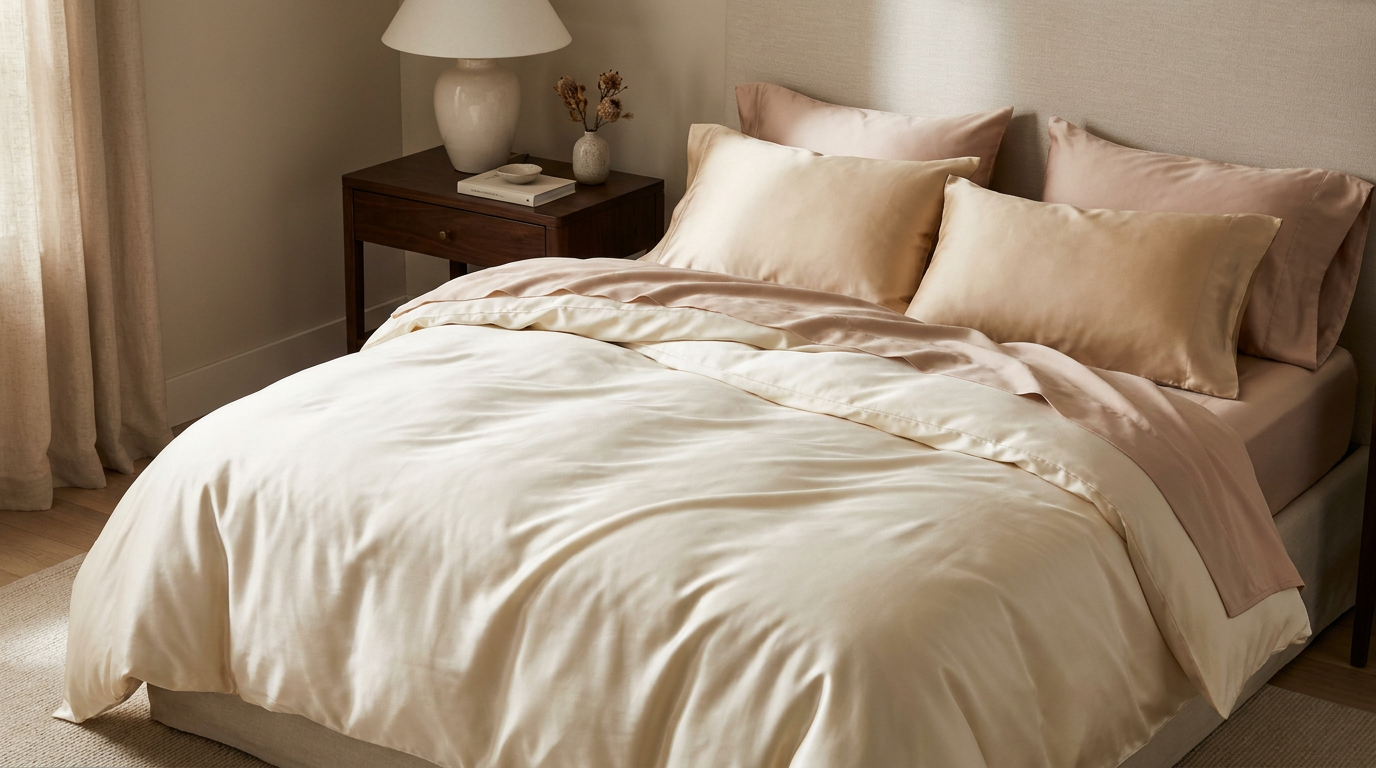Luxury silk-cotton satin bedding set — warm ivory tones with characteristic satin sheen under soft sidelighting