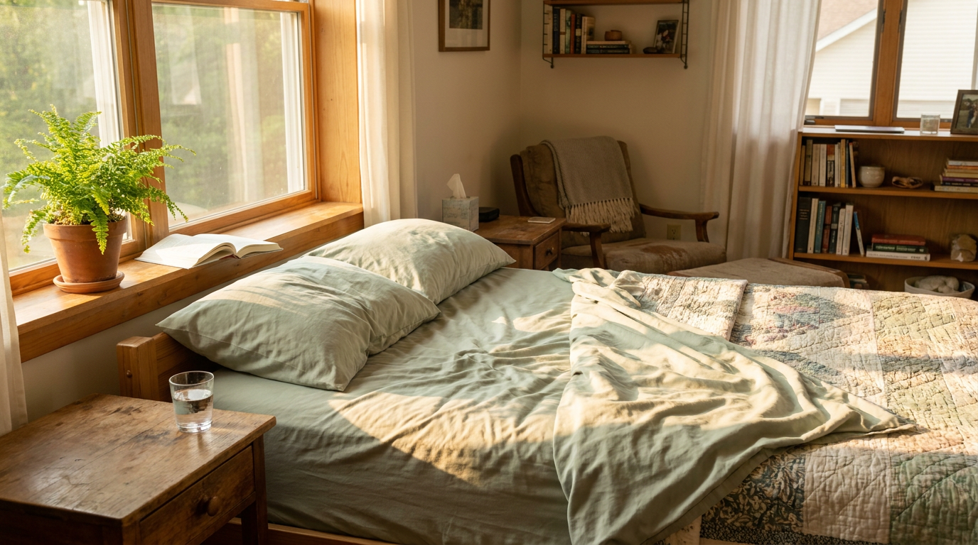LuxClub microfiber sheets on real bedroom bed with natural light showing lived-in authentic comfort for hot sleepers