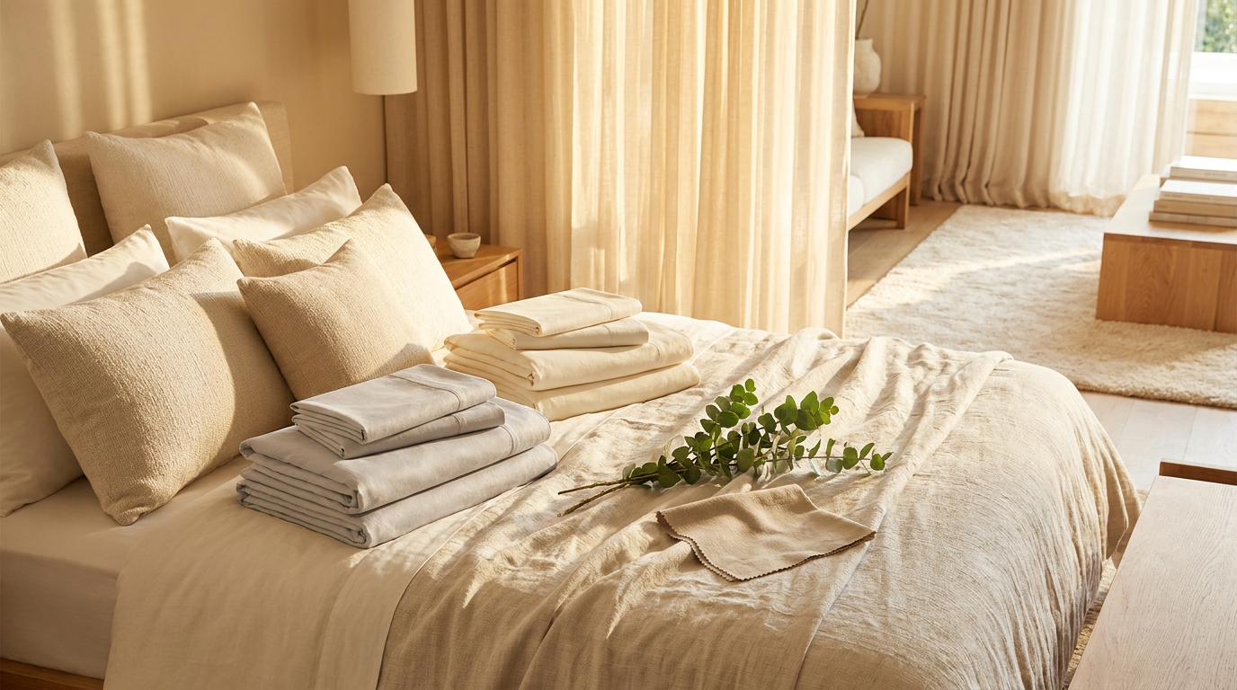 Luxury editorial bedding scene with ivory sheets, stacked pillows, eucalyptus sprig and warm morning light