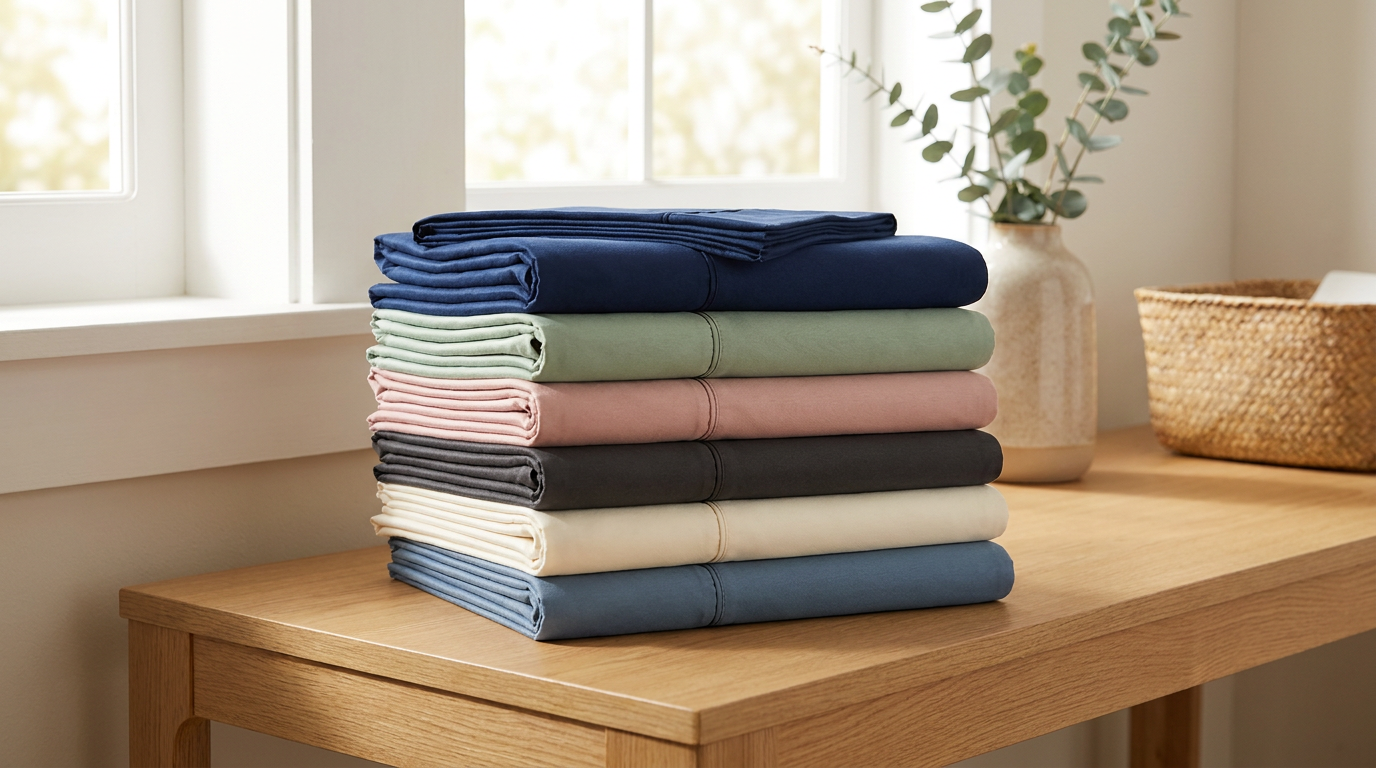 LuxClub microfiber sheets in 40 plus colors displayed folded showing vibrant fade-resistant colors after many washes