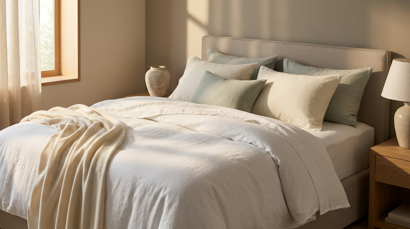 Luxurious white linen bedding with sage throw and golden morning light — LuxClub editorial