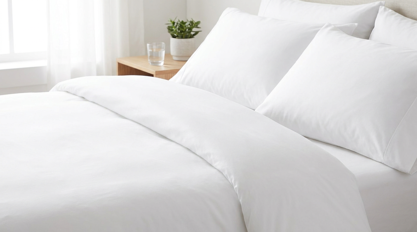 Crisp white high-thread-count bedding neatly arranged, soft diffused natural light, minimal props — conveys purity, cleanliness and safety