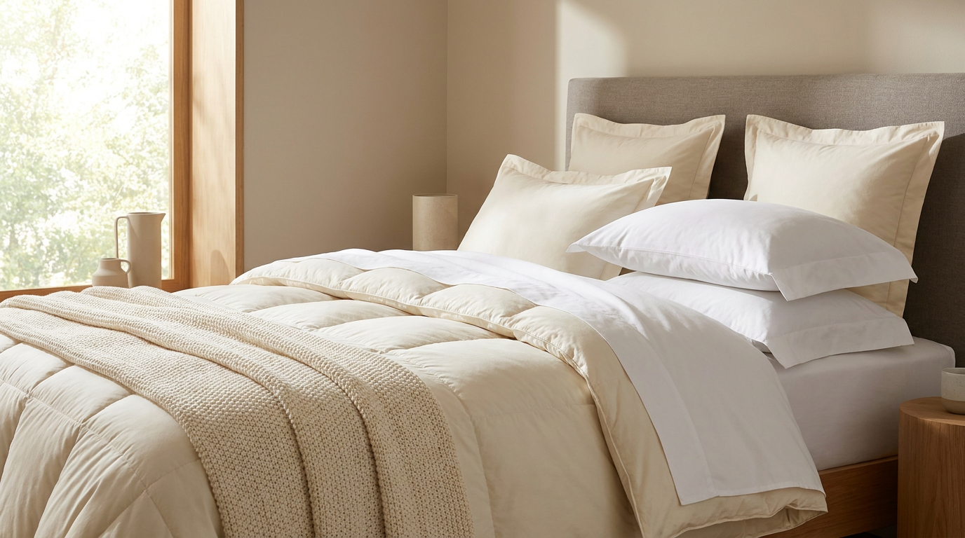 A beautifully layered luxury hotel-style bed with crisp white sheets, a plush cream duvet, and stacked Euro shams in warm morning light