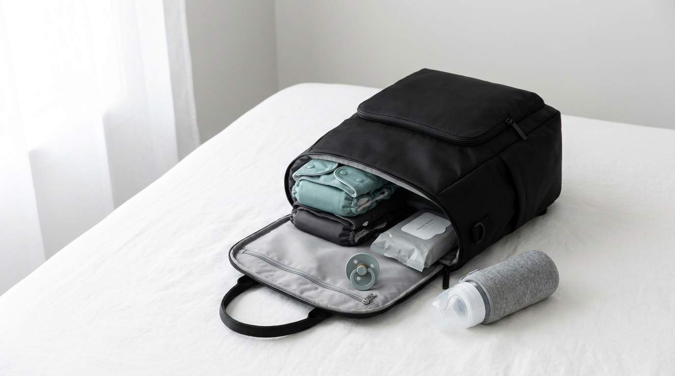 Organized diaper bag flat lay with baby essentials