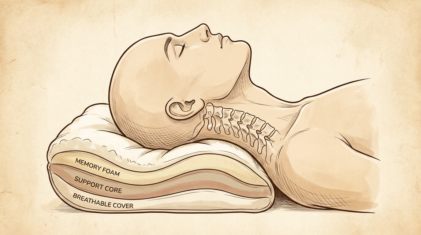 Anatomical illustration showing a side-profile head and neck resting in perfect cervical alignment on a pillow cross-section — warm neutral tones, approachable medical diagram style