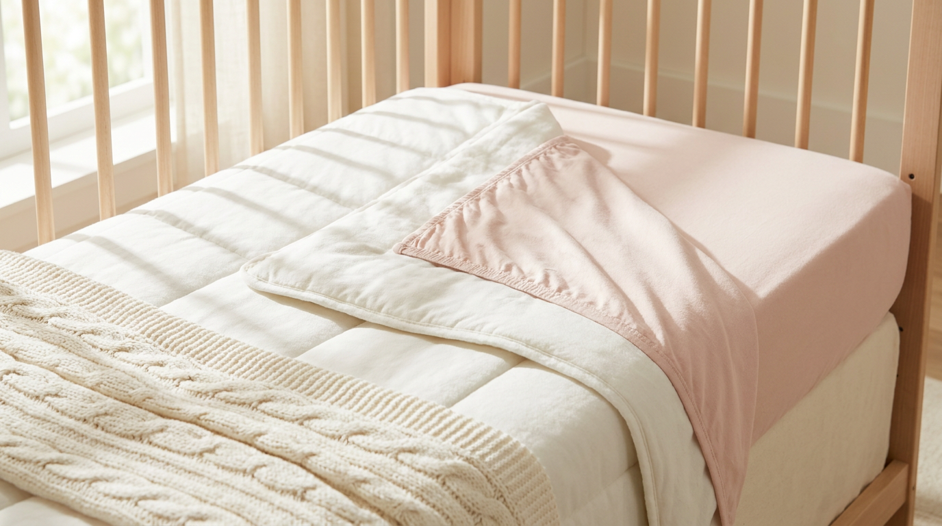 Safe nursery crib with cloud-white organic cotton sheets and soft blush fitted sheet in warm morning light — LuxClub