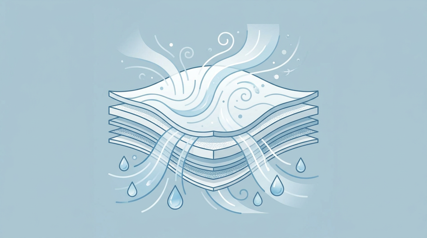 Clean infographic cross-section showing breathable fabric layers with flowing air particles and moisture being wicked away — cool blue and white palette