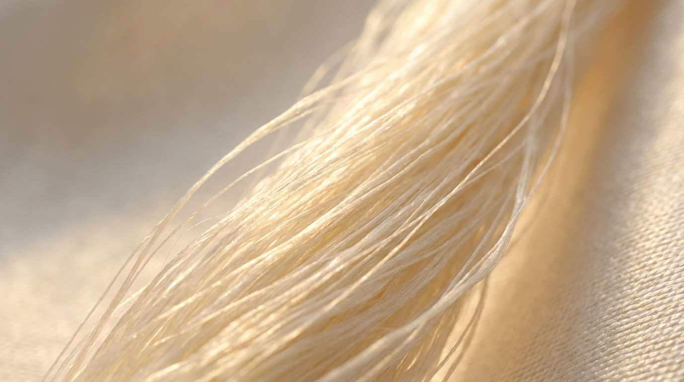 Extreme close-up macro photograph of premium silk fiber — individual filaments catching soft warm light, luminous ivory and gold tones, conveying natural luxury and biological refinement