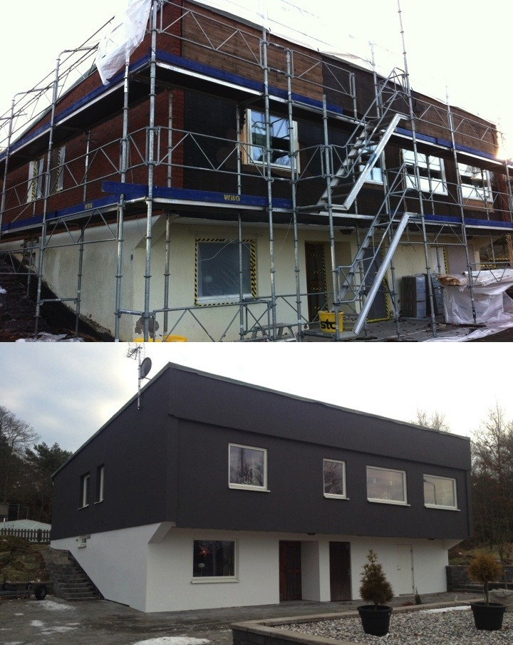 Facaderenovering med stillads – tofarvet pudset facade