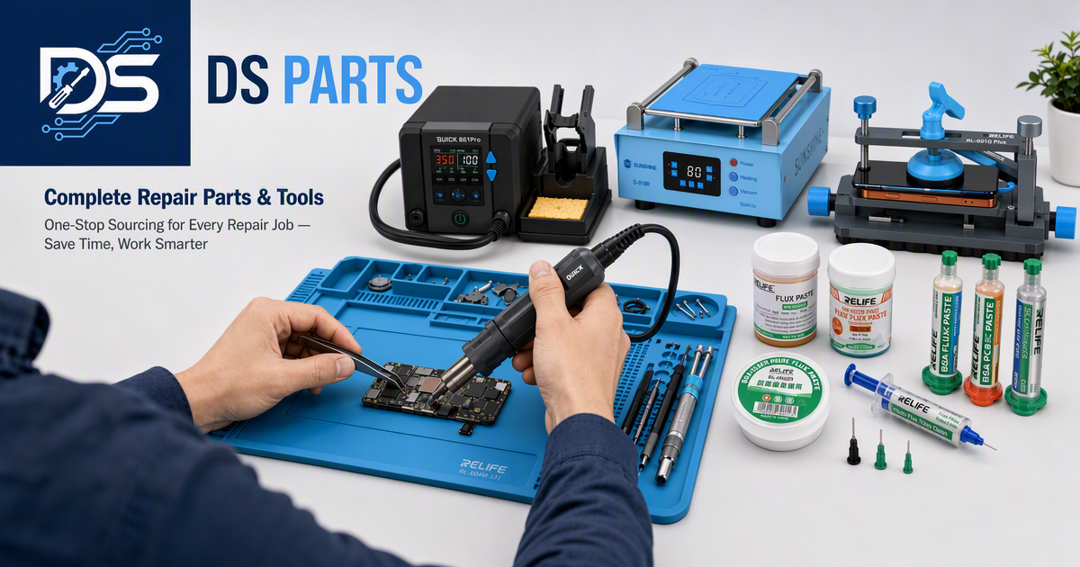 DS Parts banner showcasing phone repair tools — rework station, screen separator, press fixture, flux paste and silicone work mat on a professional workbench