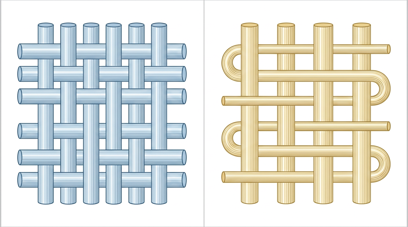 Percale and sateen weave structure diagram — cool blue for the alternating plain weave, warm gold for the long-float sateen pattern