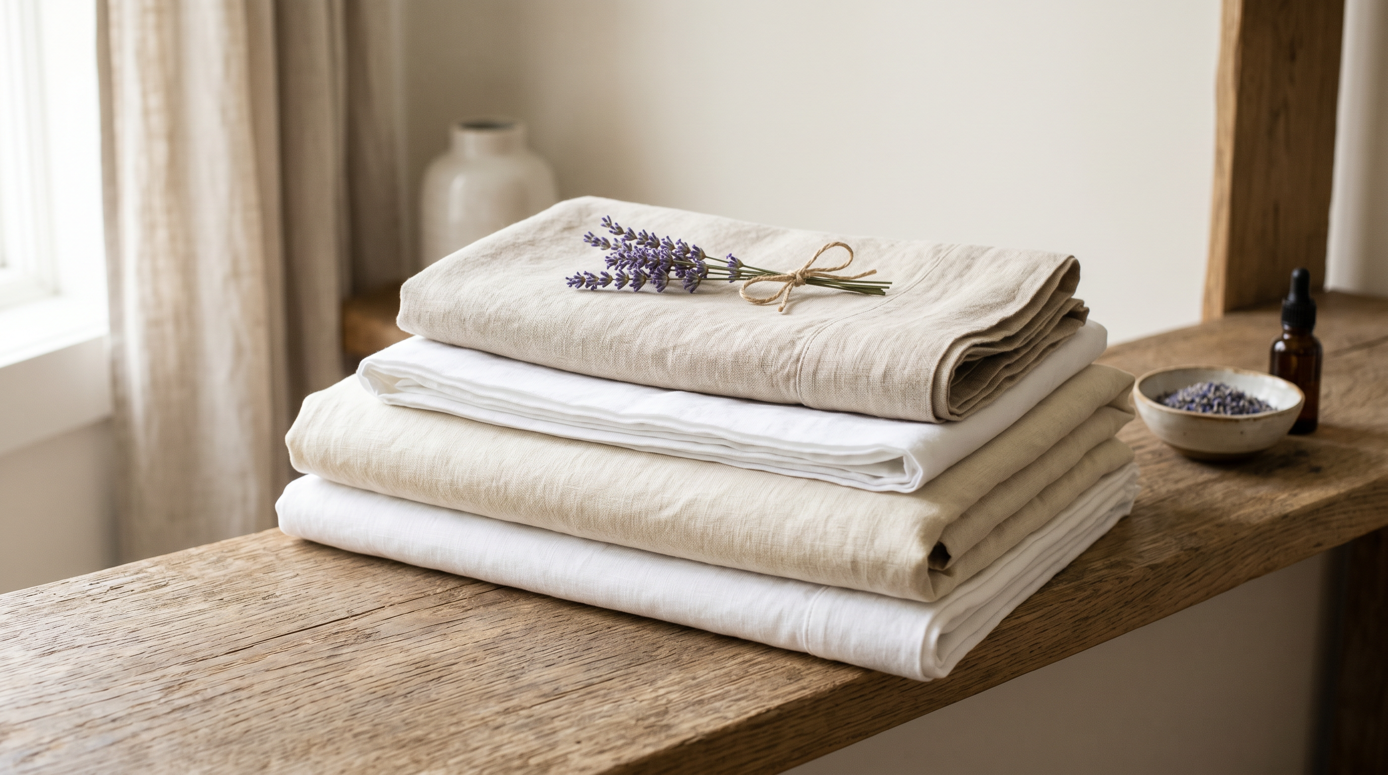 Neatly folded luxury white and linen sheets stacked on a wooden shelf with a sprig of lavender