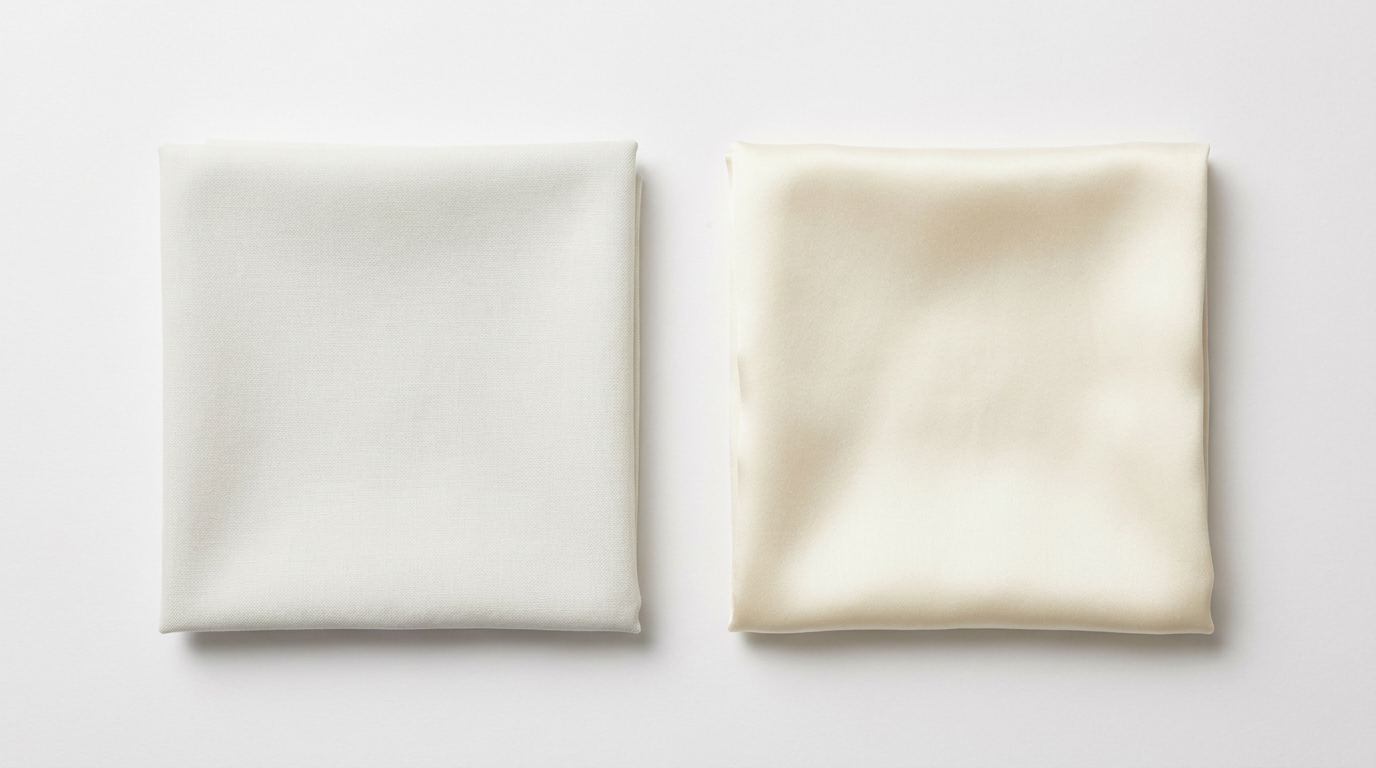 Two premium cotton fabric swatches — crisp matte percale on the left, smooth lustrous sateen on the right