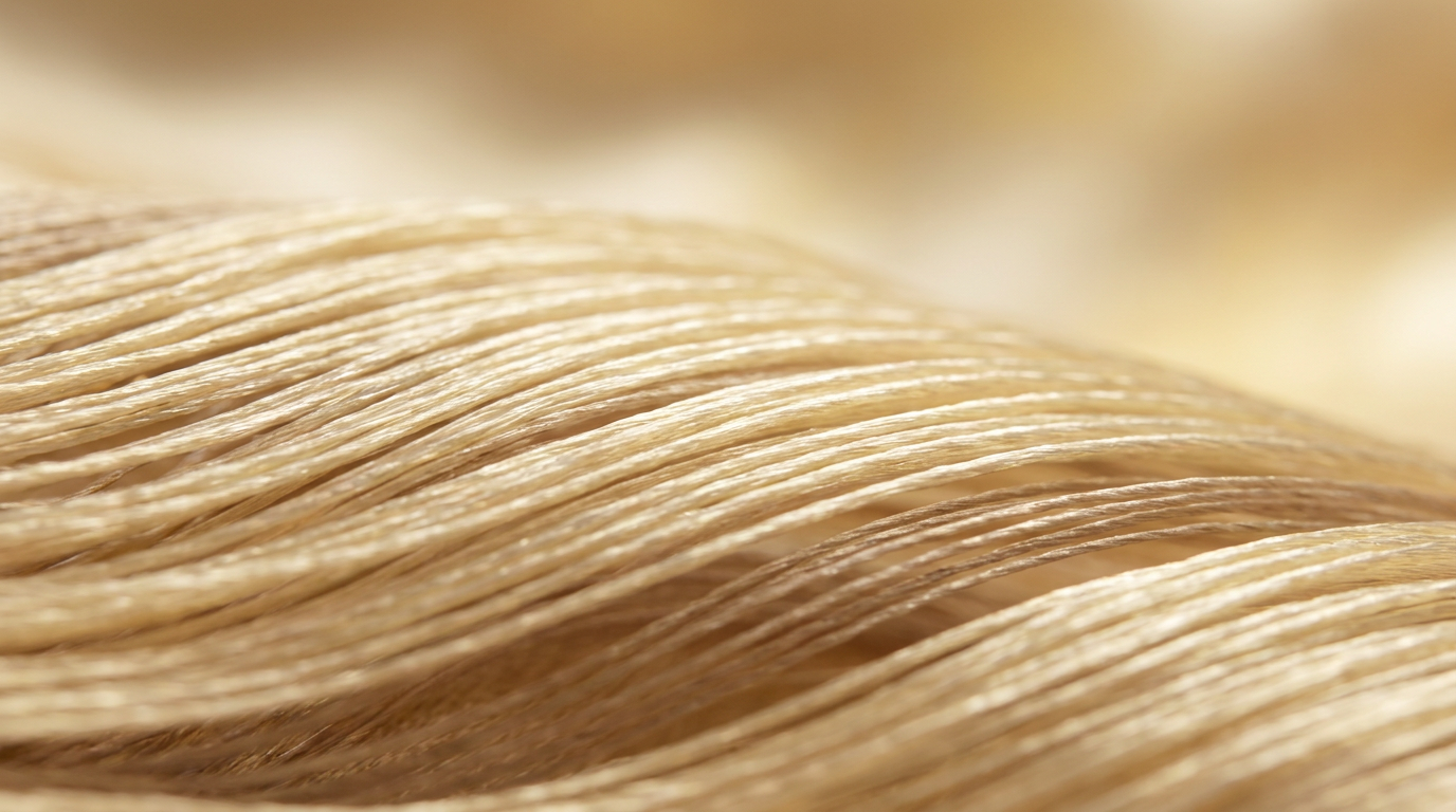 Extreme macro of satin weave — long warp floats across the surface, weft threads anchored beneath
