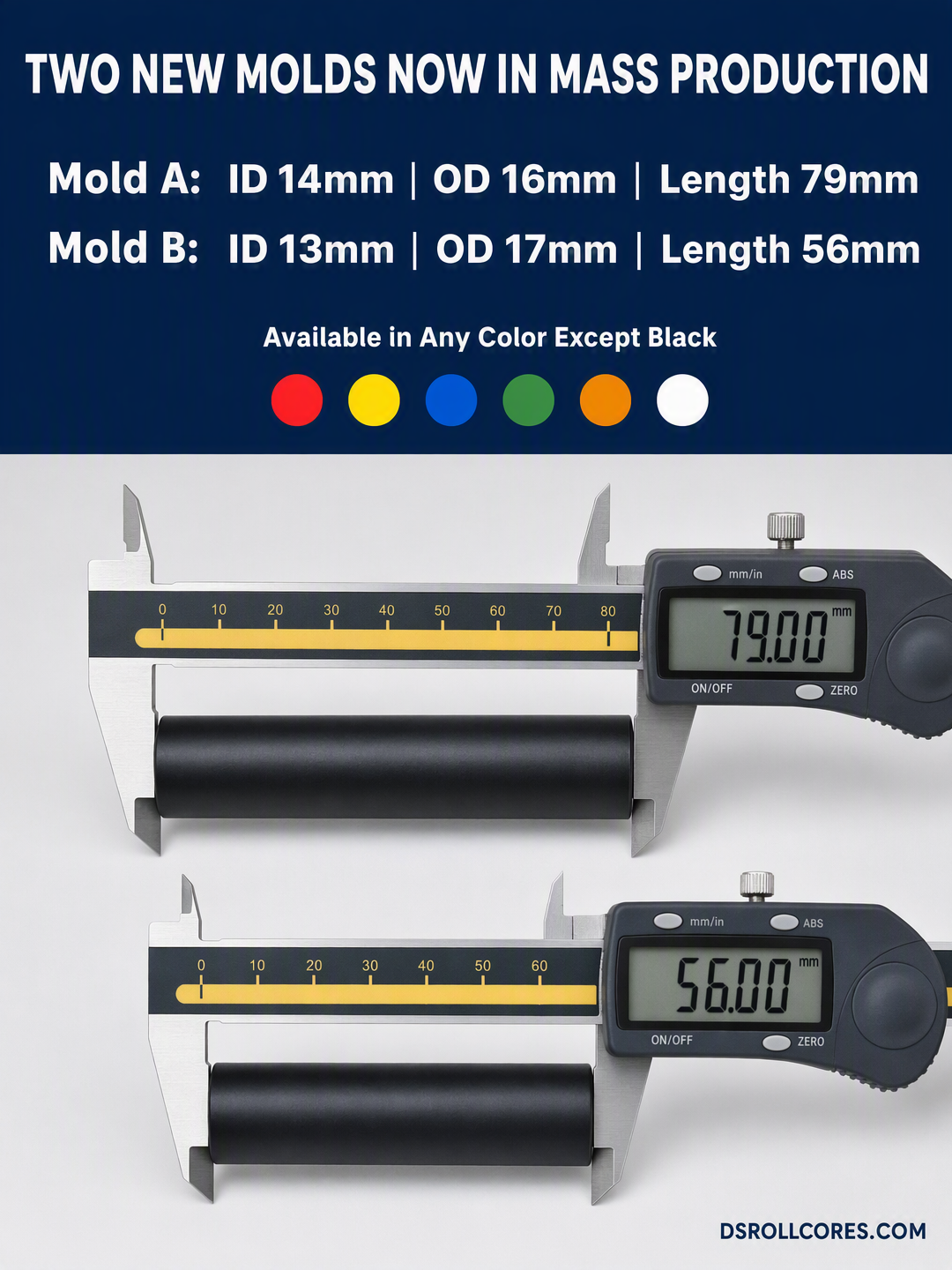 Two new roll core molds measured side by side with digital calipers — 79mm and 56mm tubes showing precise dimensional verification for label and thermal paper converters.