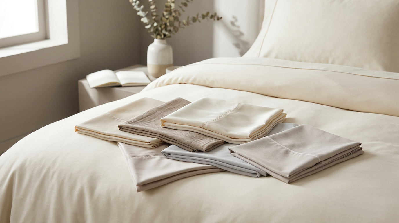 Luxury cotton, bamboo, and microfiber fabric swatches layered on a bed in warm ivory tones — editorial bedding comparison