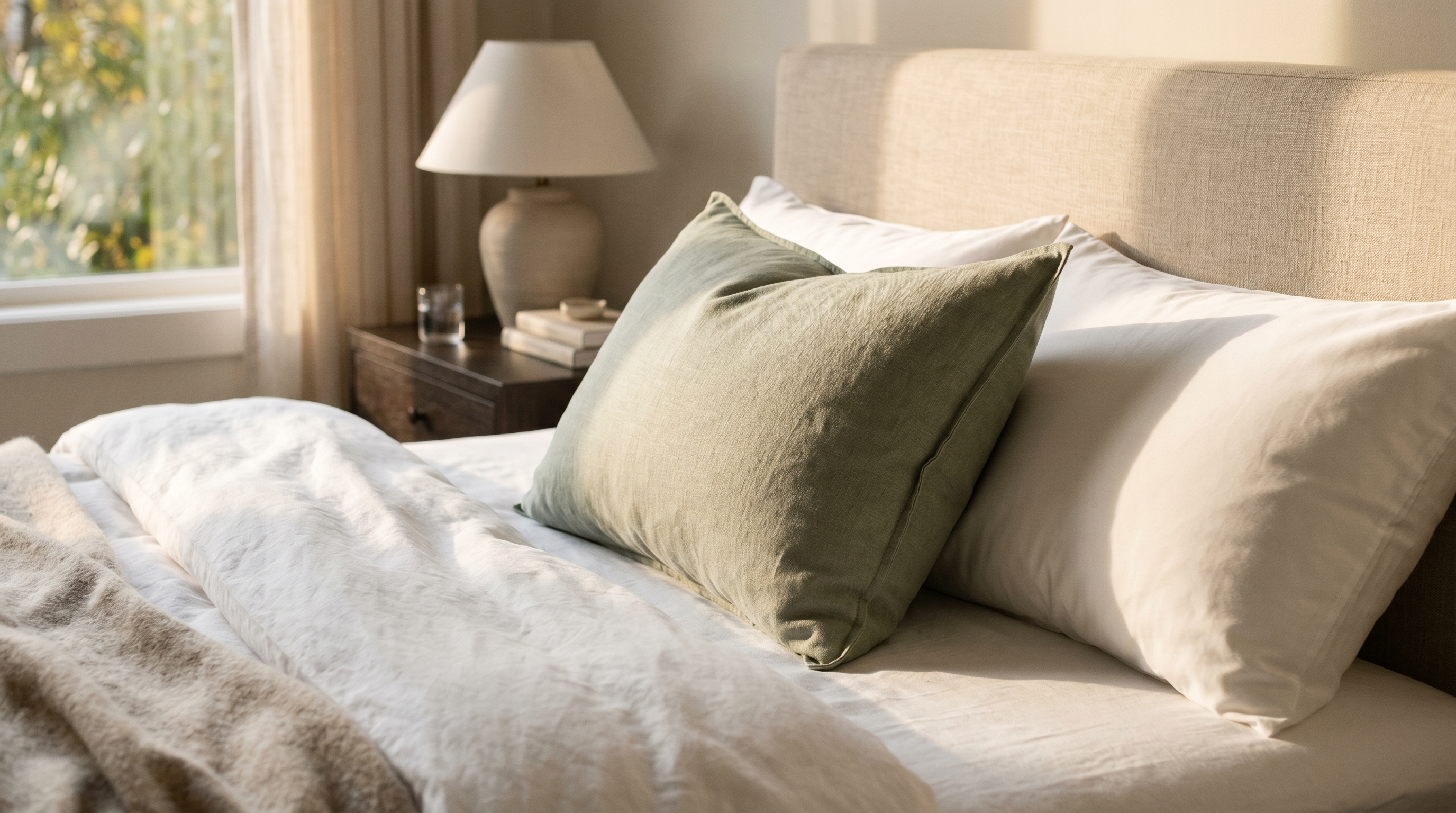 Two premium luxury pillows in white and sage pillowcases arranged on a made bed with warm golden side lighting