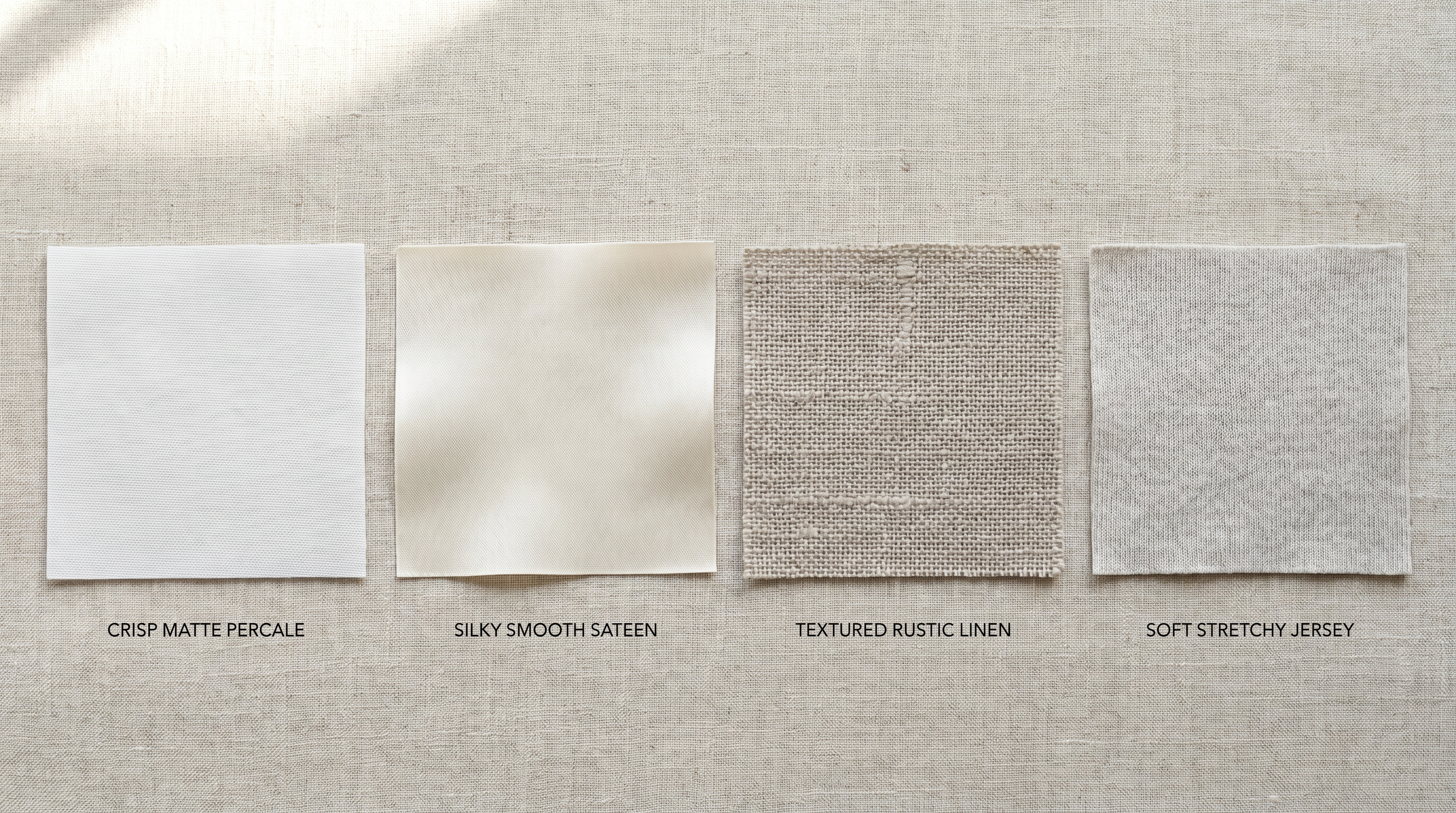 Four luxury sheet fabric swatches showing percale, sateen, linen and jersey weave textures in warm ivory and white tones