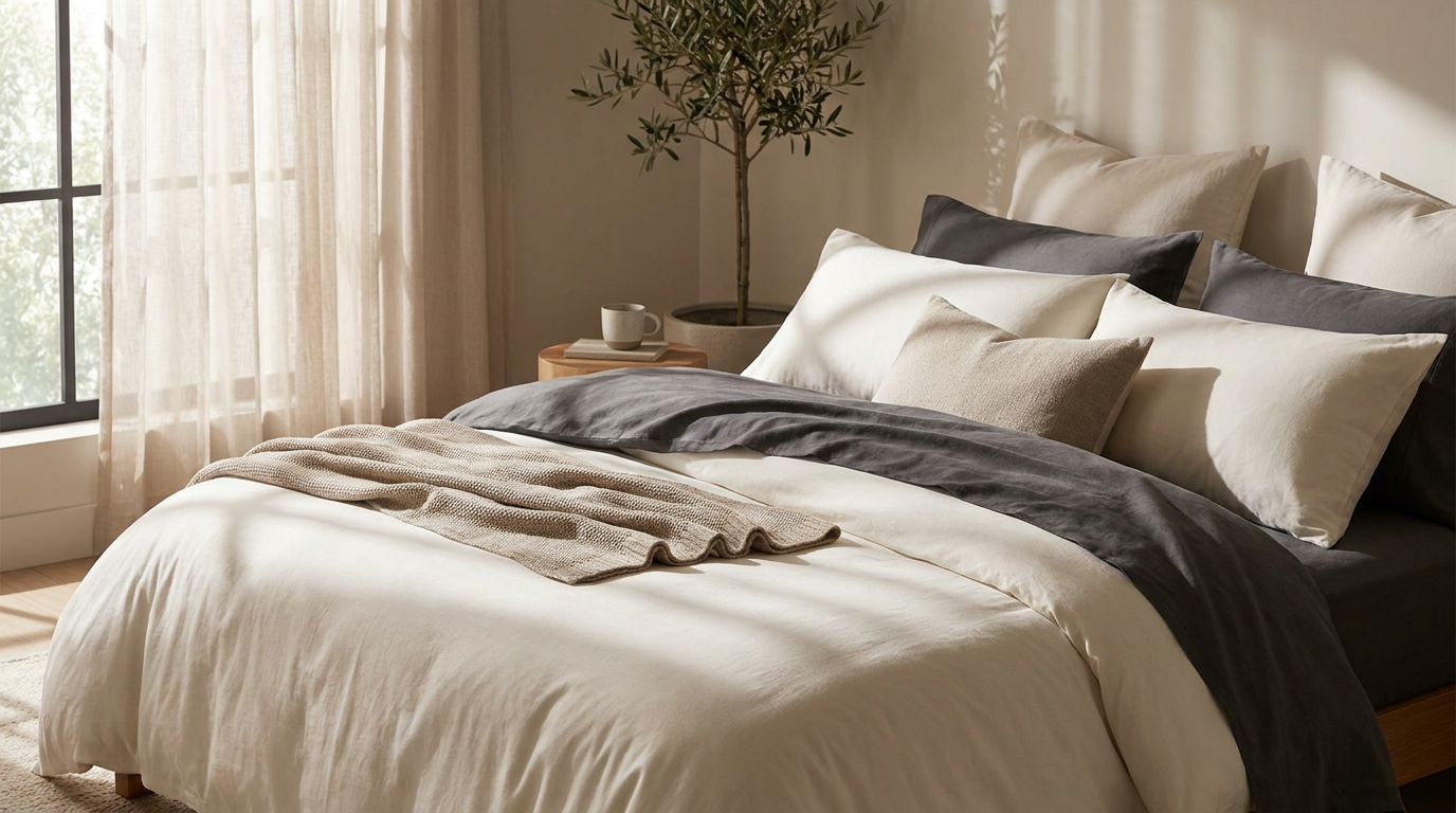 Neatly made bed with soft white bamboo fiber sheets in warm morning light — LuxClub Sleep Science