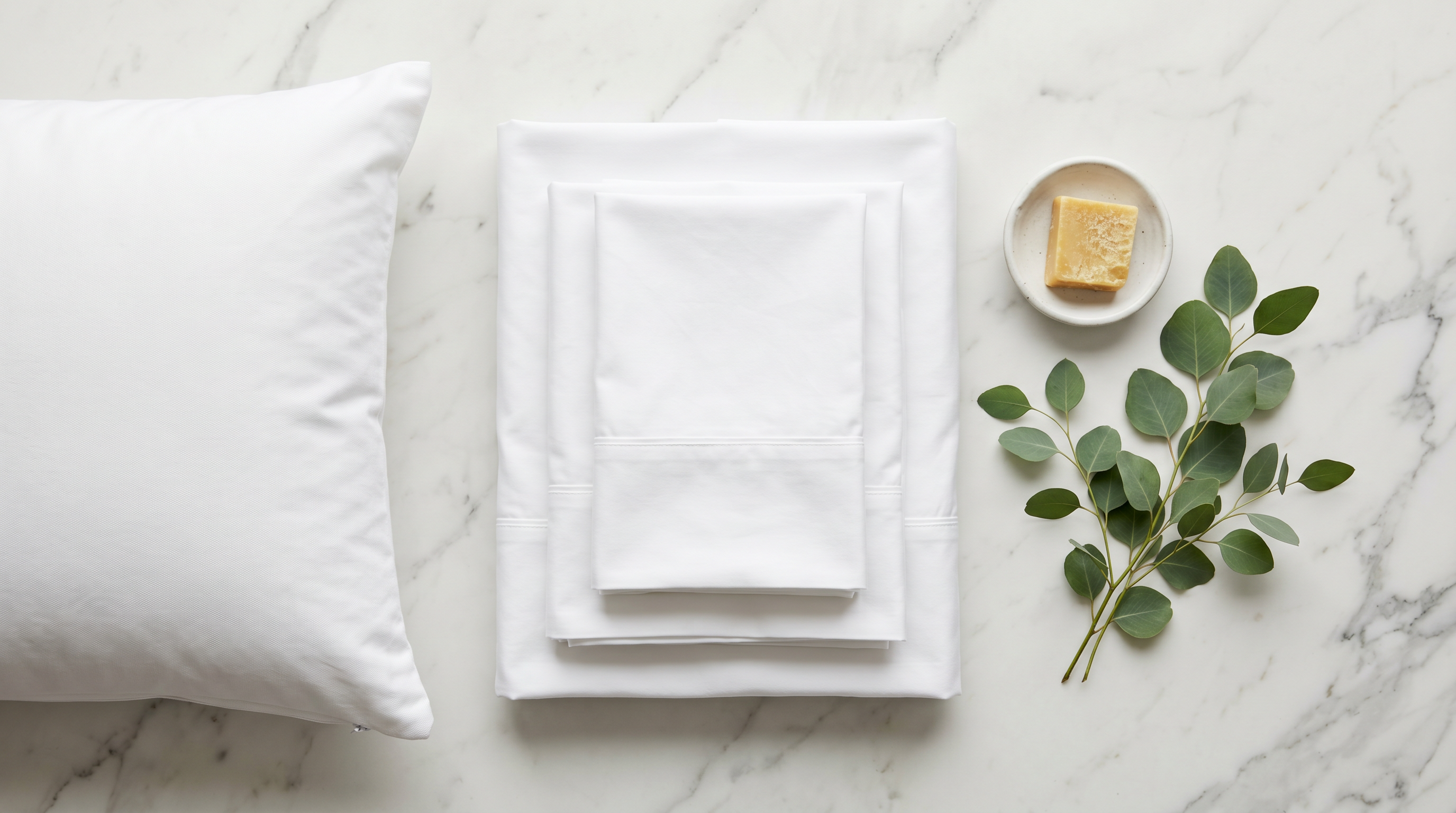 Pristine white hypoallergenic organic cotton bedding folded on a marble surface with eucalyptus and natural accents