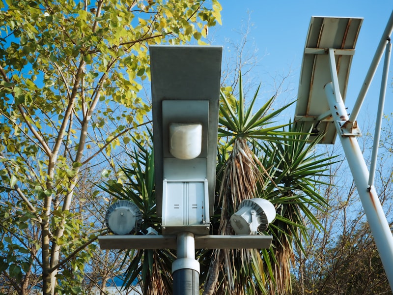 A solar-powered street light with a sensor is installed among trees, showing modern smart outdoor lighting technology.