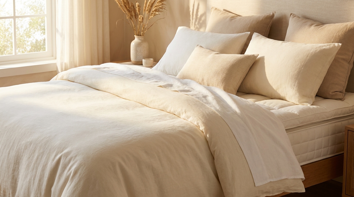 A pristine luxury bed with crisp white sheets and soft morning light — representing mattress care and longevity