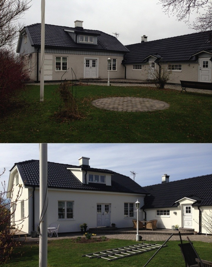 Facade efter renovering – hvidpudset villa