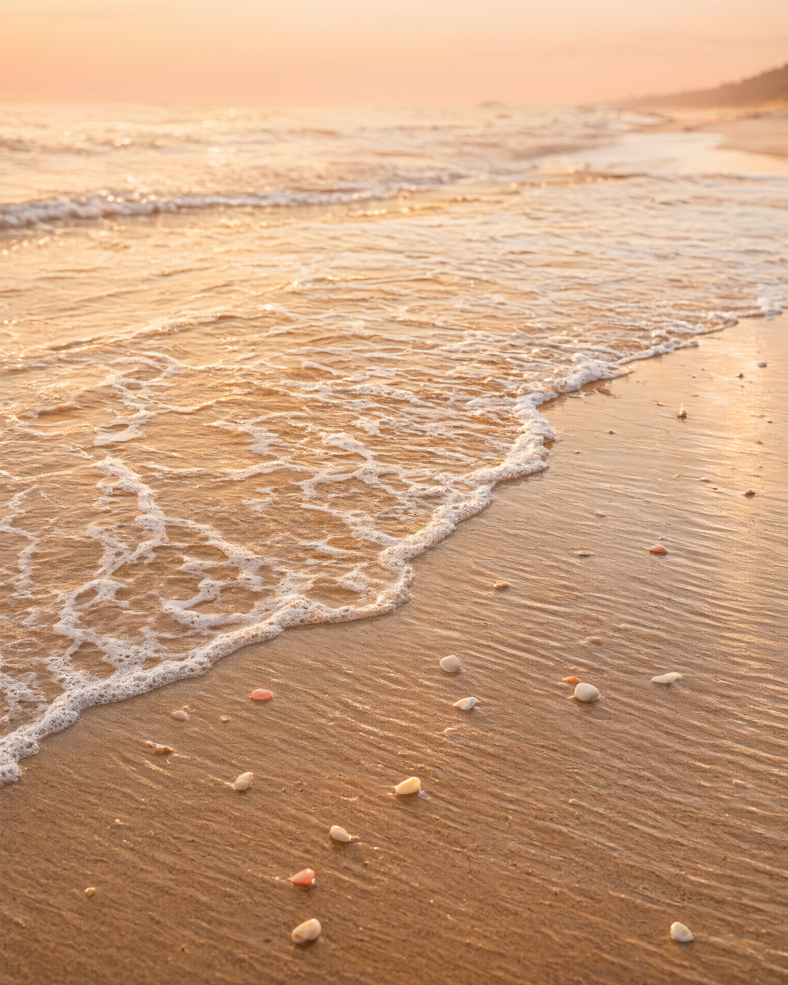 Warm editorial photograph of a sunlit golden beach shoreline