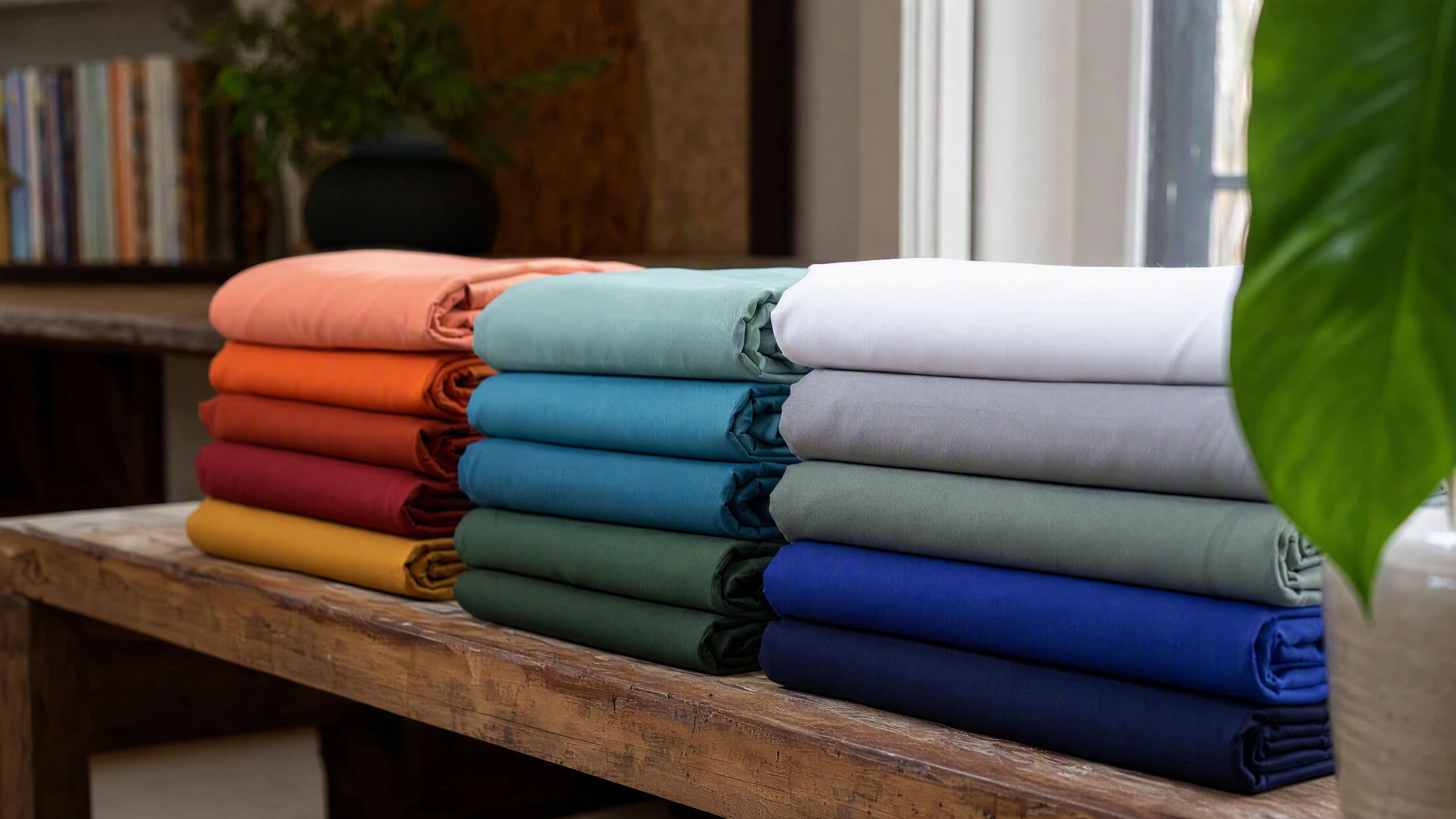 Multiple colorful double-brushed microfiber sheet sets stacked with no fading