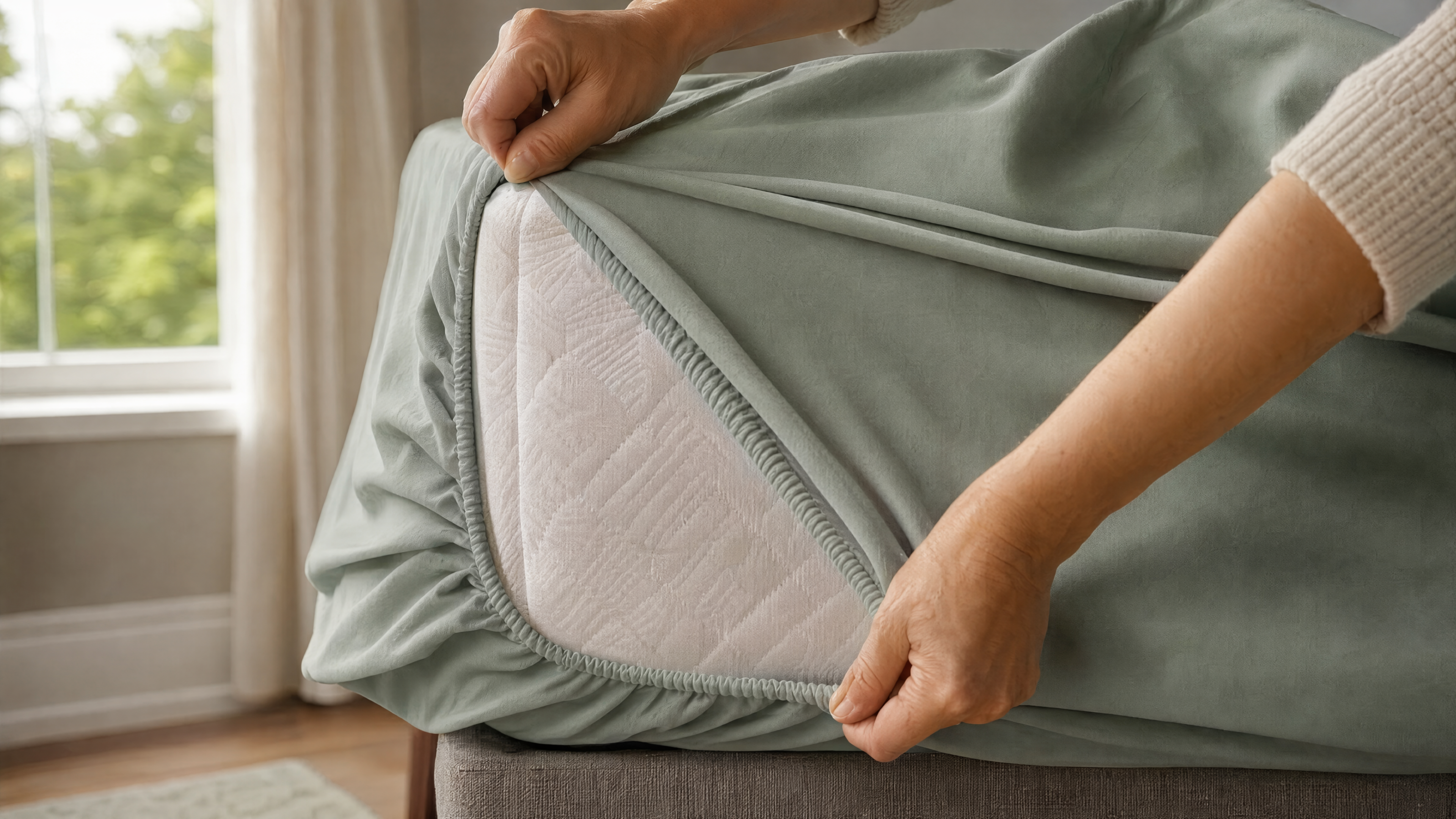 Close-up of an 18 to 21 inch deep pocket sheet corner with full-perimeter heavy-duty elastic stretched tightly around a thick mattress edge