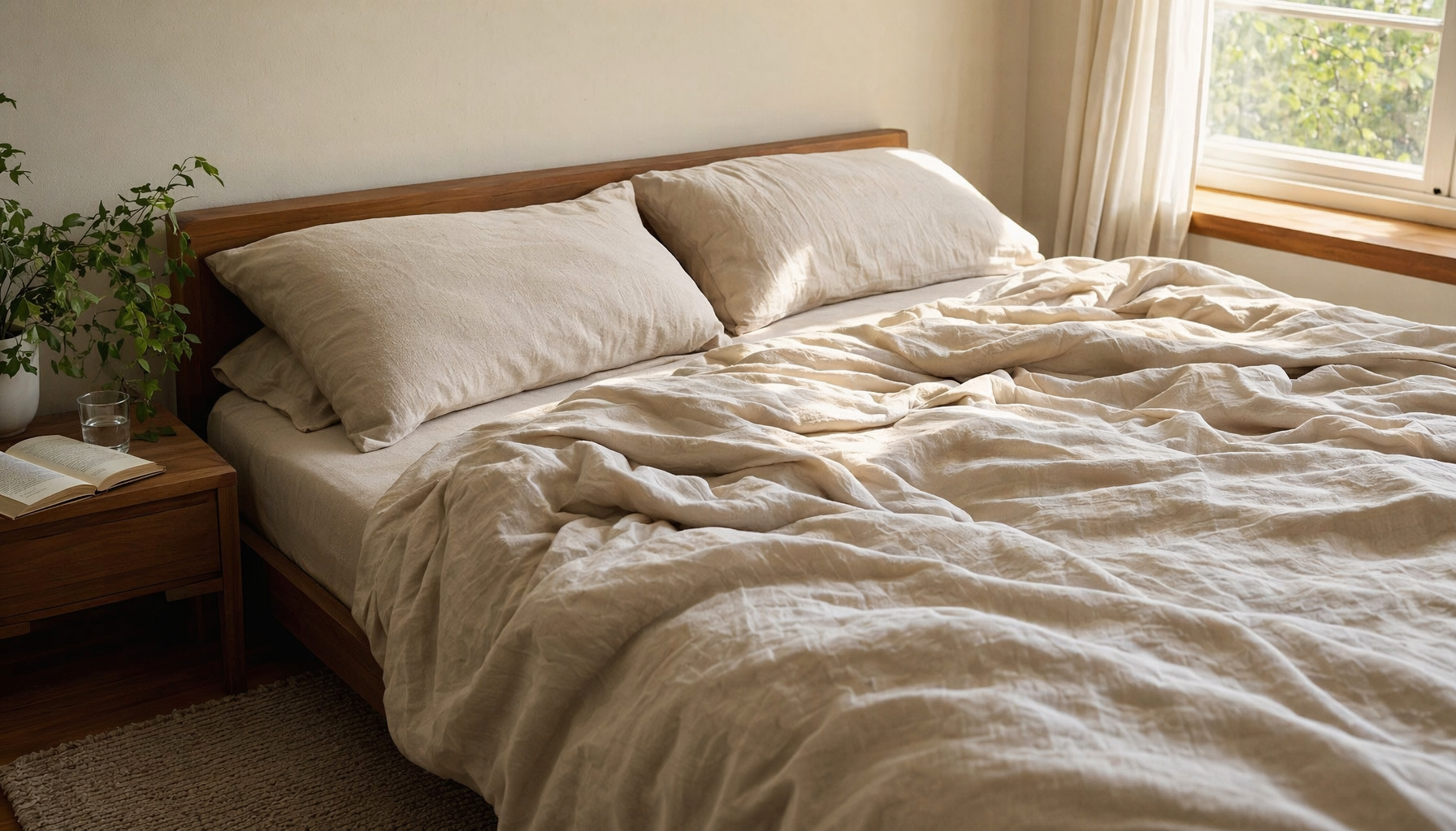 LuxClub premium microfiber sheets in authentic bedroom lifestyle setting with natural light and real home props