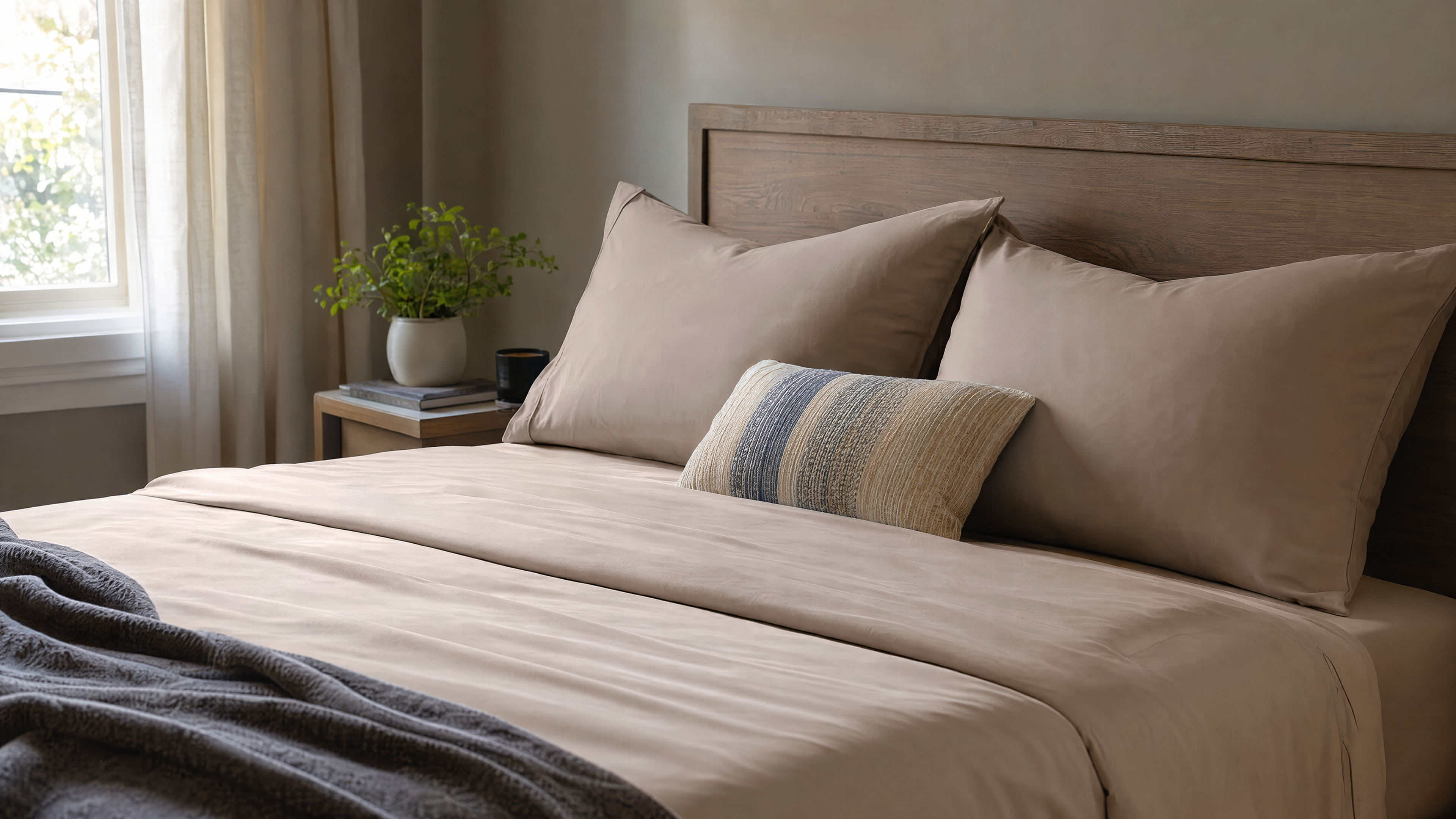 Real bedroom scene with neatly made bamboo sheets vs microfiber sheets bedding, morning light, plants and books on the nightstand