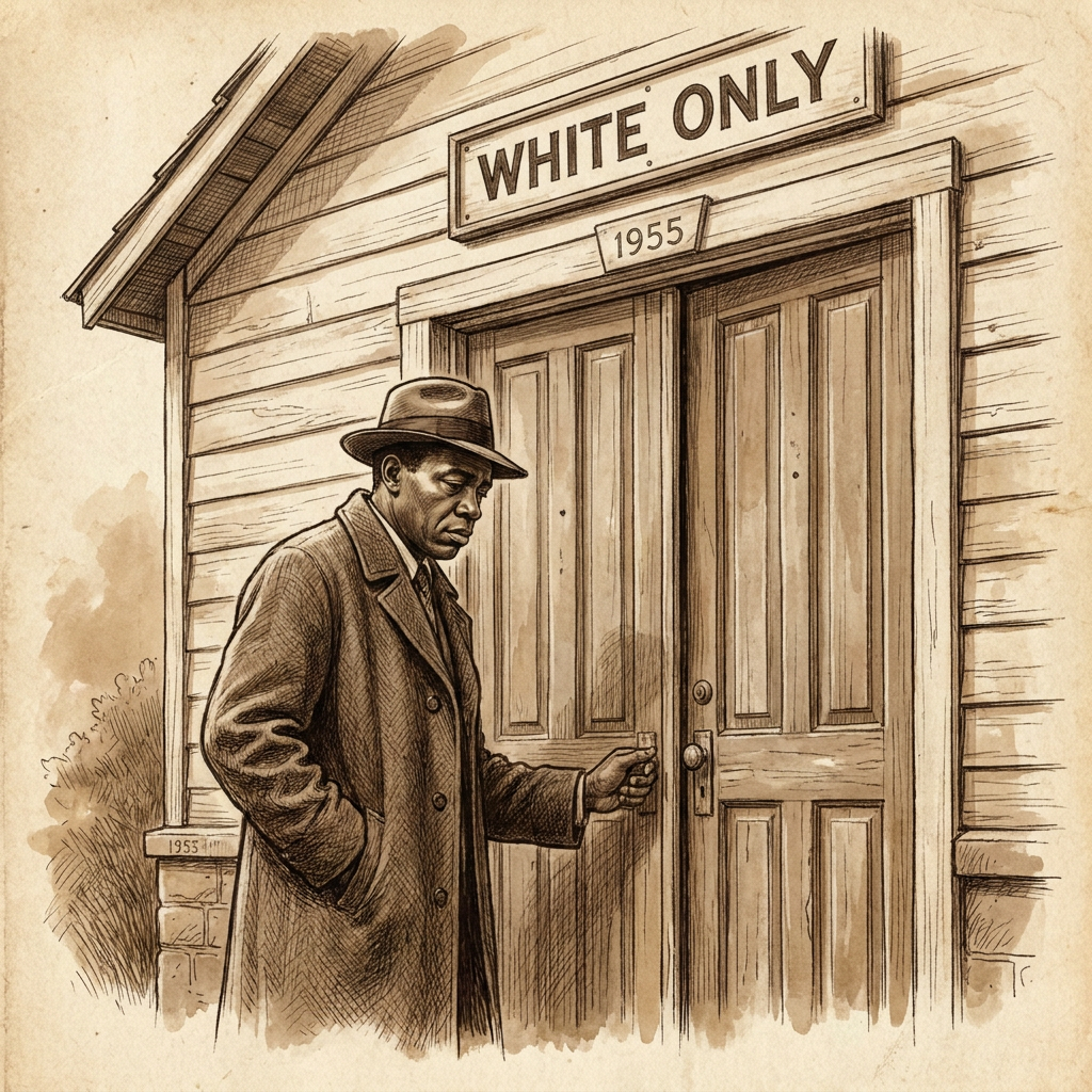 A Black man standing at a church door in 1950s America, depicting the civil rights era tension between faith and racial exclusion