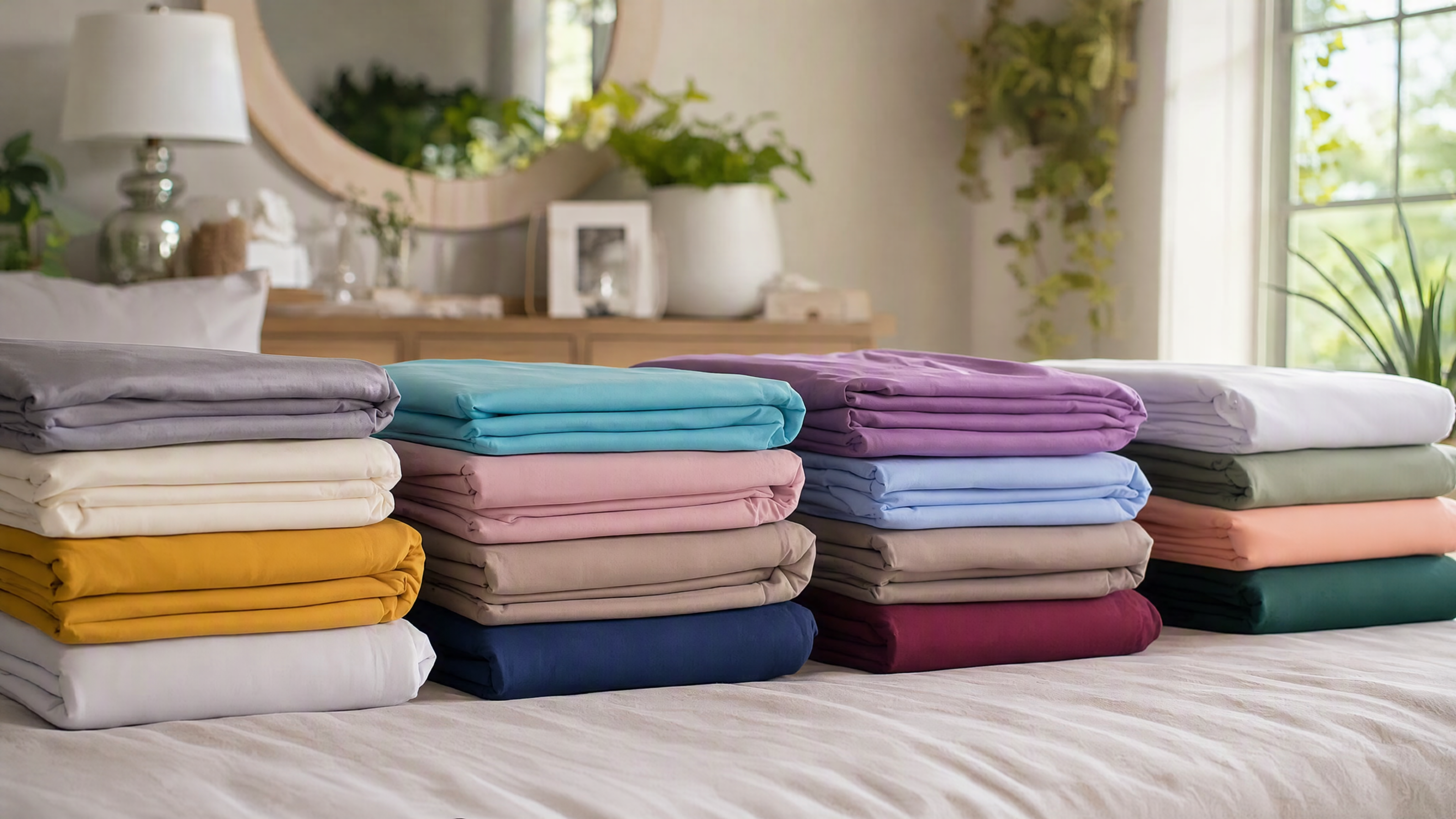 Multiple LuxClub sheet sets in different colors stacked and displayed in natural light showing vibrant fade-resistant hues