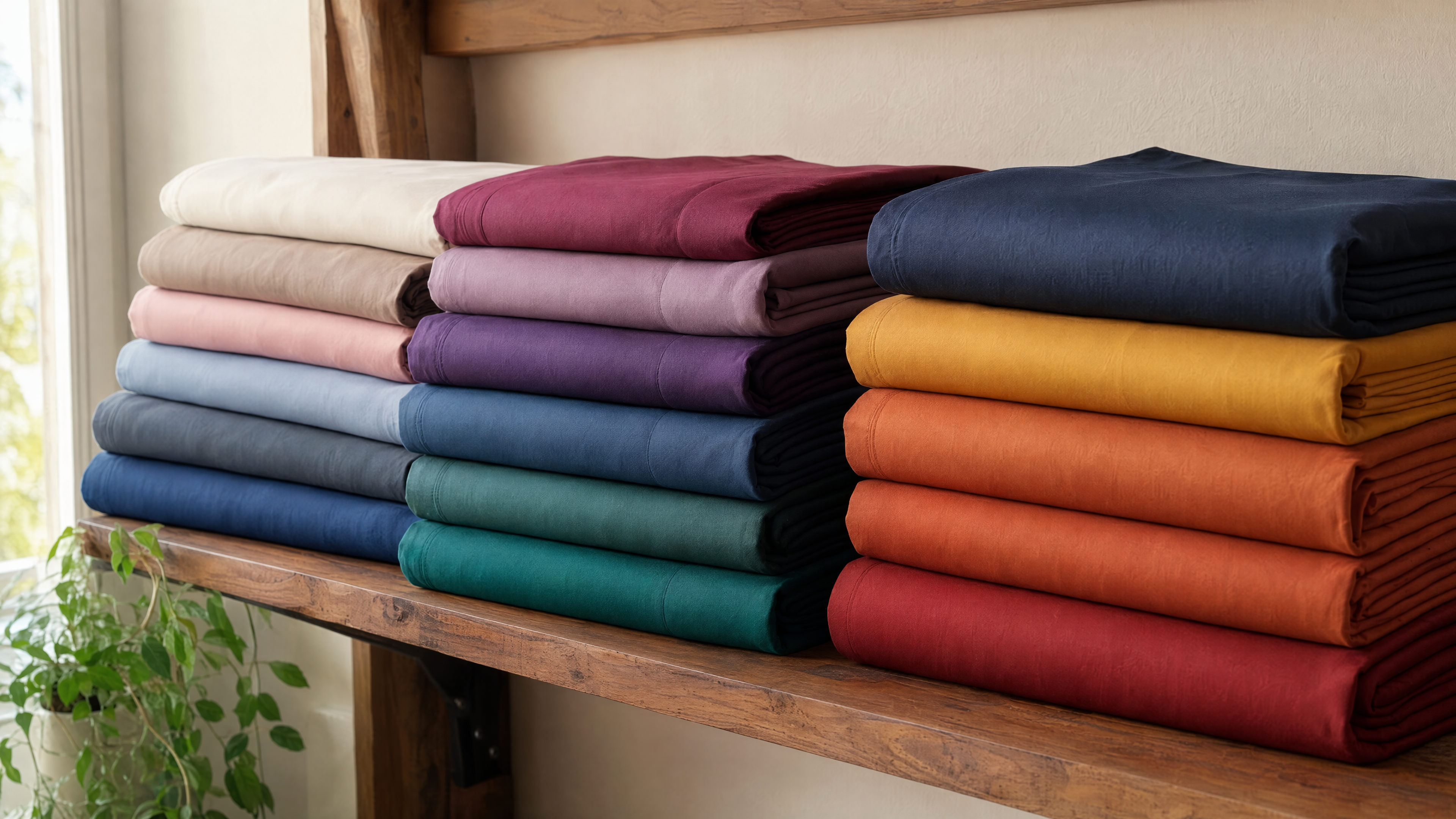 Multiple colorful double-brushed microfiber sheet sets neatly folded and stacked showing 40 plus fade-resistant colorways