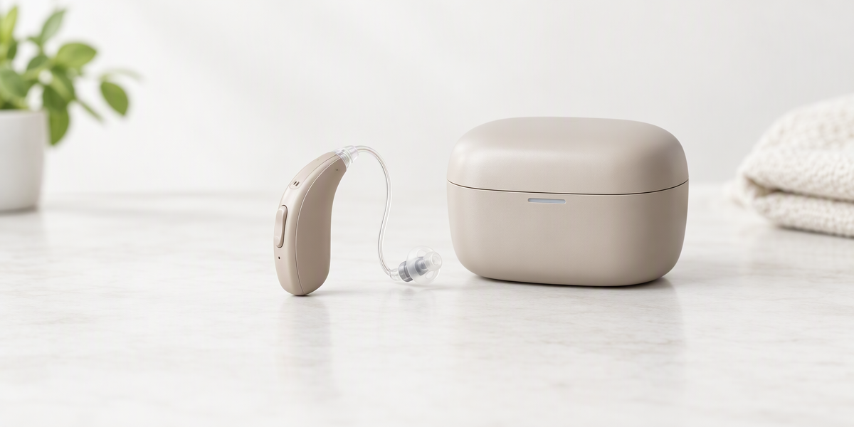 Acevion BTE 507 behind-the-ear OTC hearing aid with charging case