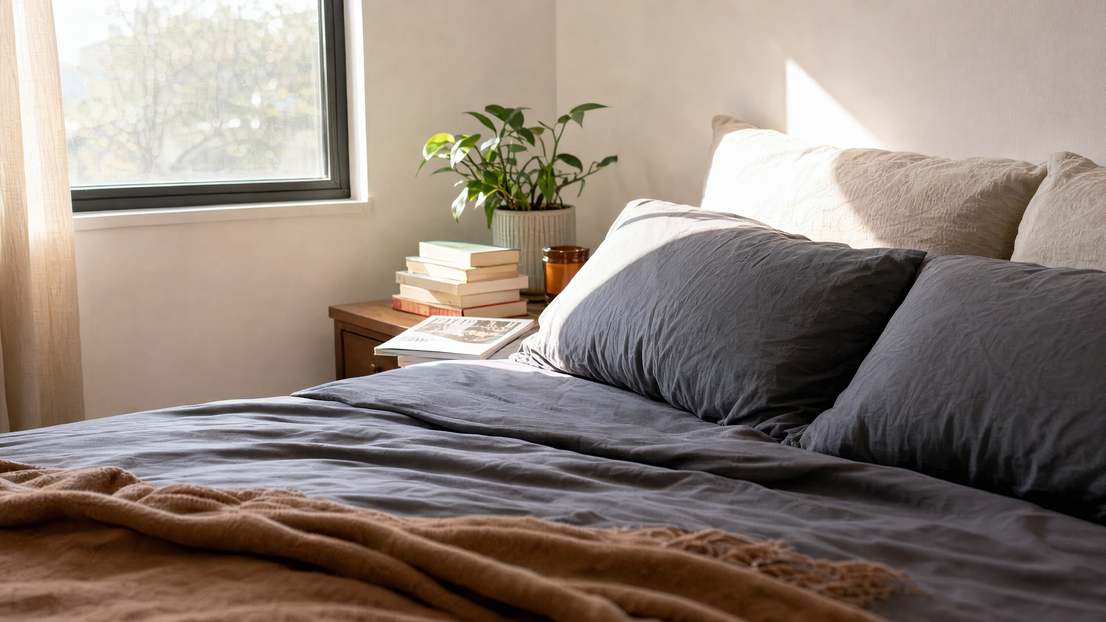 Cozy real bedroom with double-brushed microfiber sheets in natural morning light
