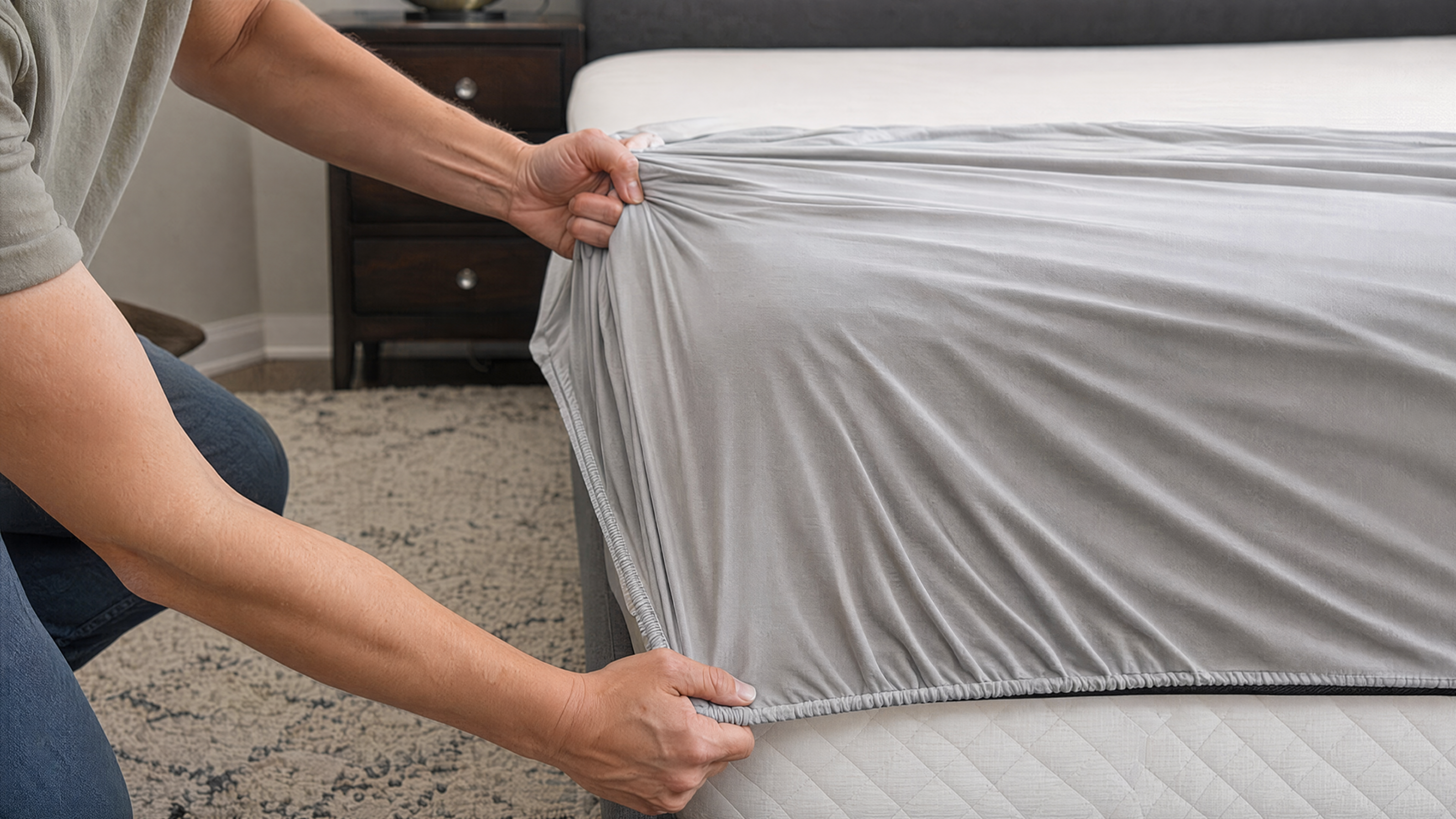 Deep pocket full-perimeter elastic fitted sheet corner avoiding sheet buying mistakes on thick mattress