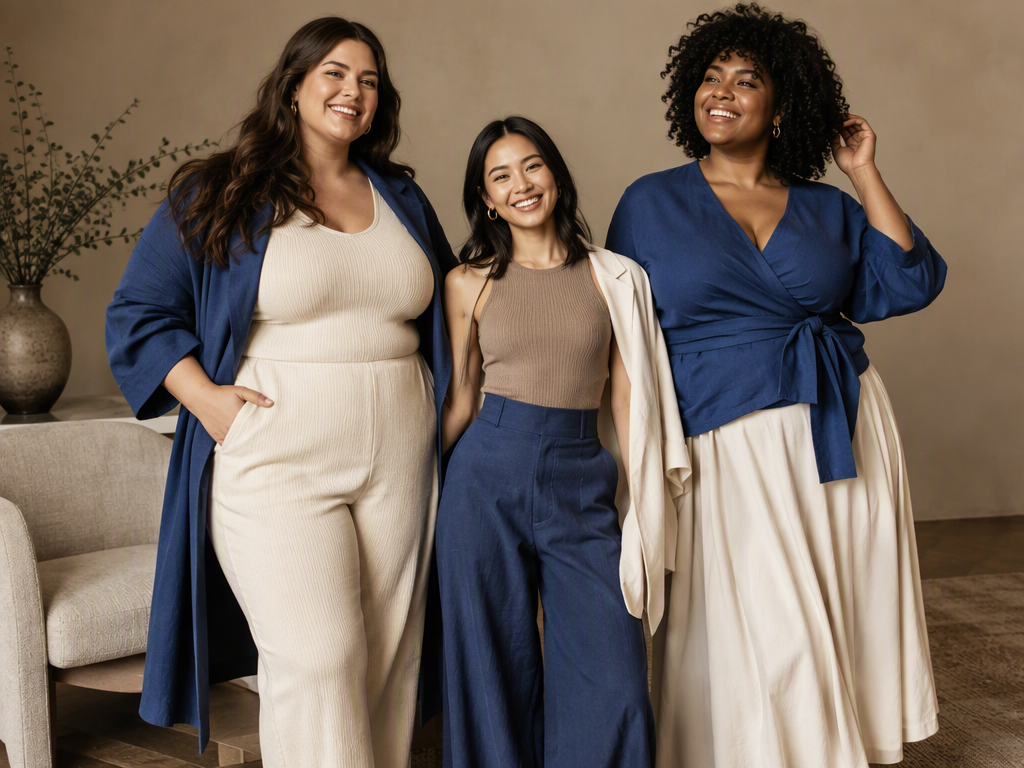 Women of different body types wearing BLUTIFUL fashion in cream, taupe and blue tones