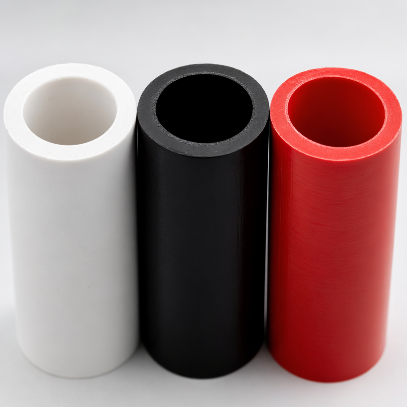 Close-up of white, black and red plastic tube cores standing upright showing hollow centers and color customization