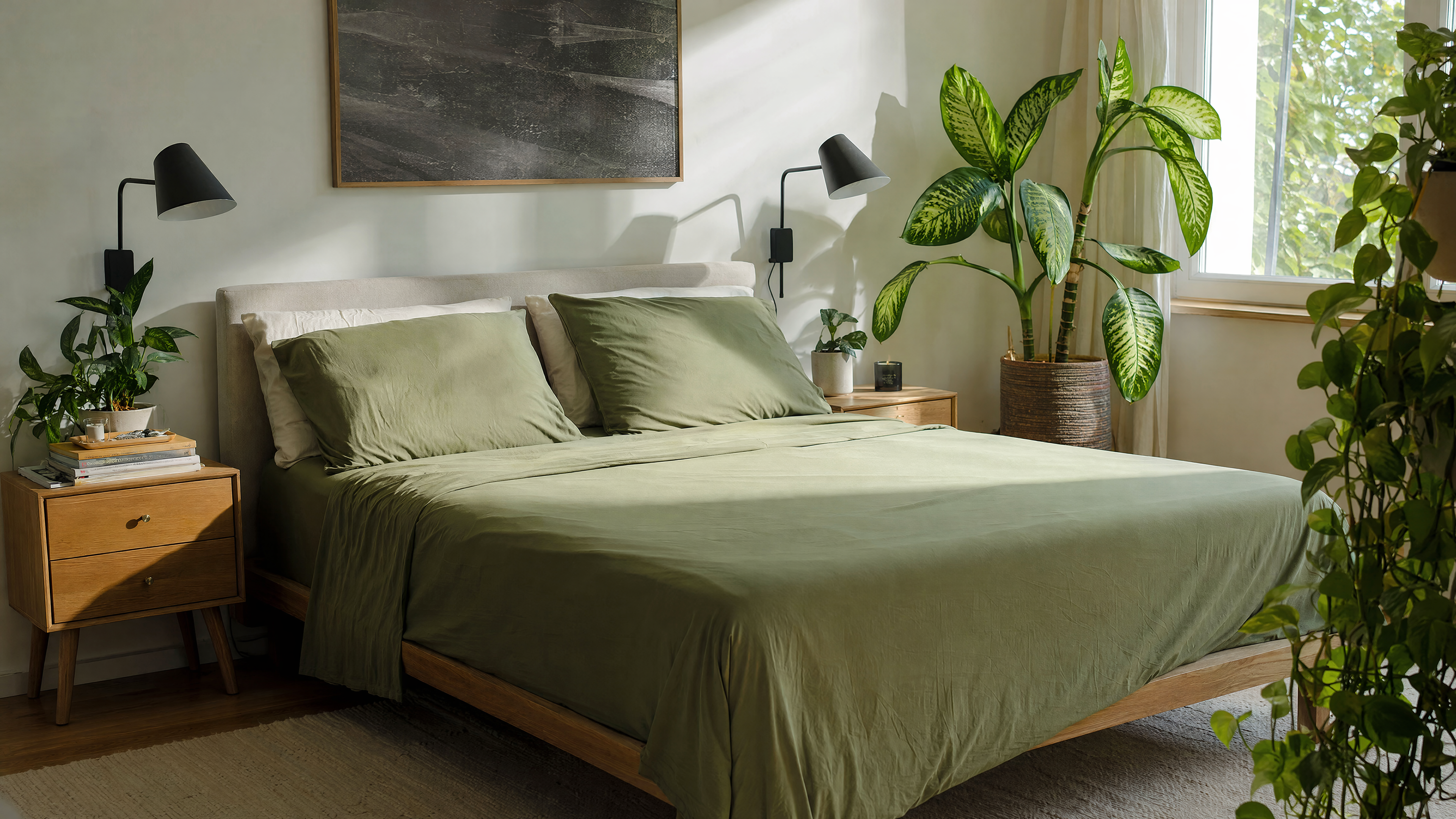 Real master bedroom with LuxClub sheets in natural light showing lived-in but tidy bed with plants, books, and lifestyle decor